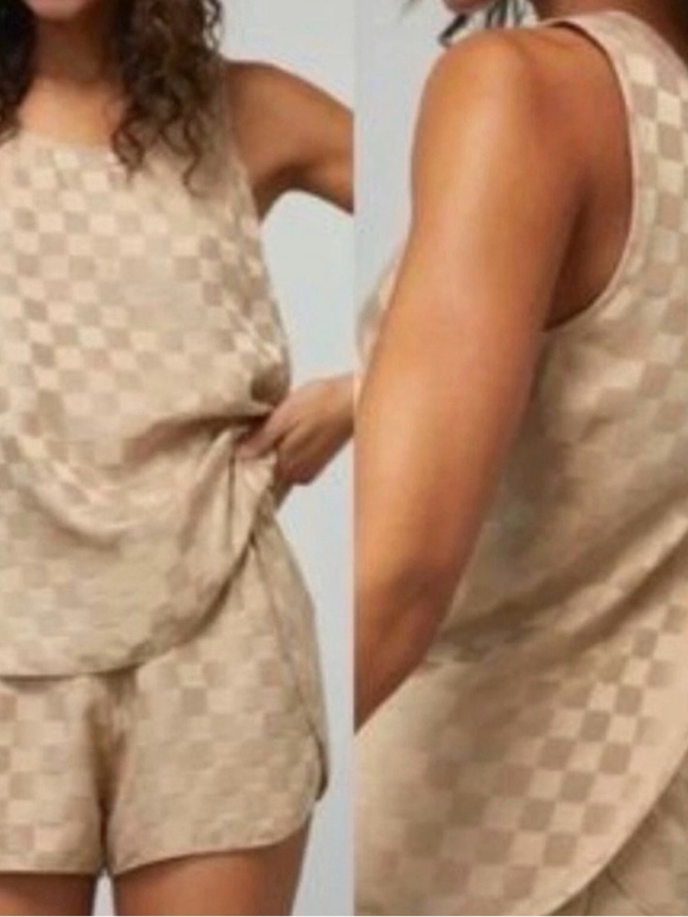 Lunya Washable Silk Shorts Tank Set Checkered Jacquard In Otium Tan - Picture 12 of 12